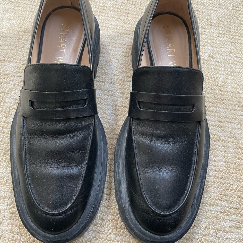 Stuart Weitzman Chunky Sole Black Leather Loafers